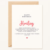 Personalized supportive friend birthday card with "Hailey" in pink script, A6 size, ideal for a best friend.